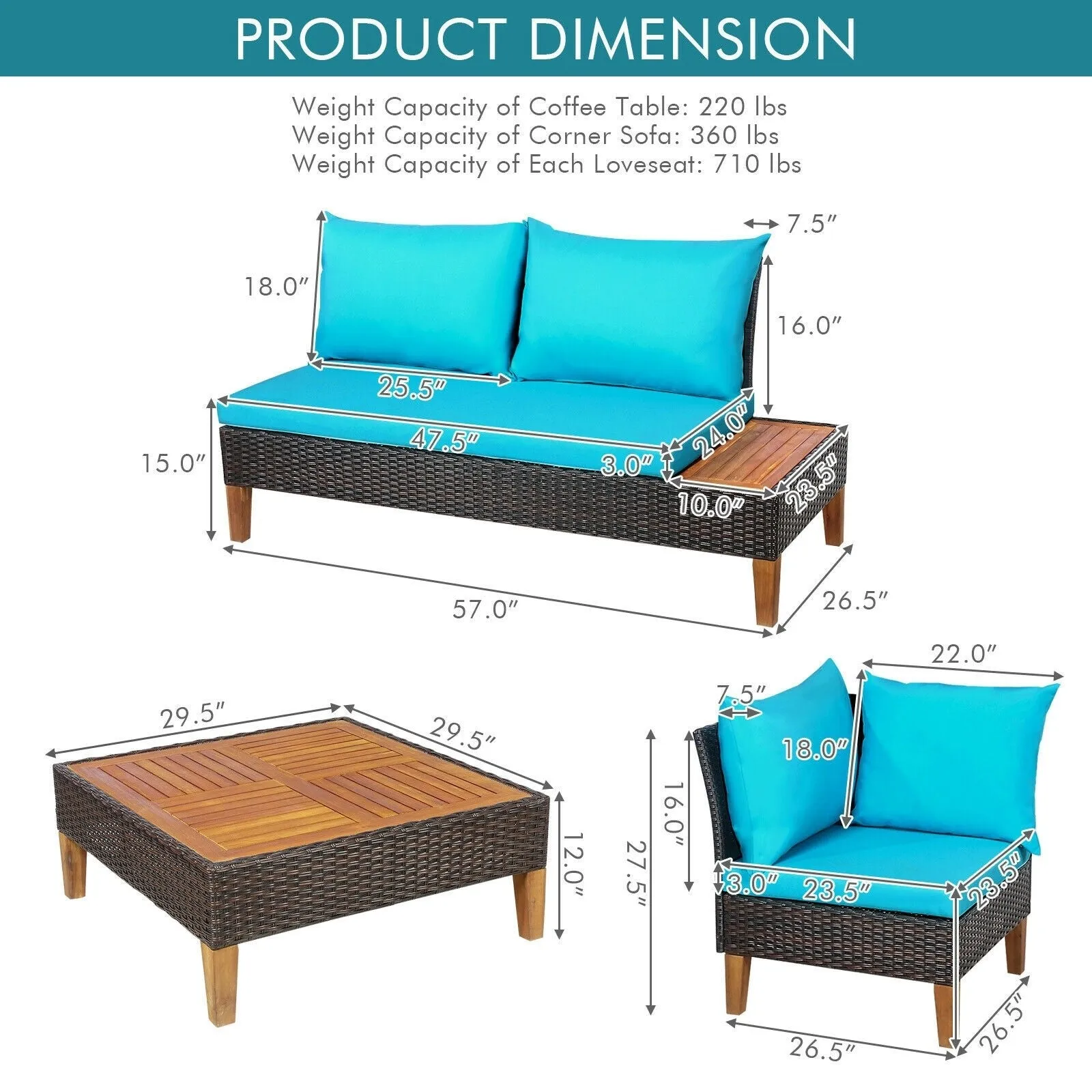 4pc Patio Rattan Cushioned Furniture Set - Turquoise