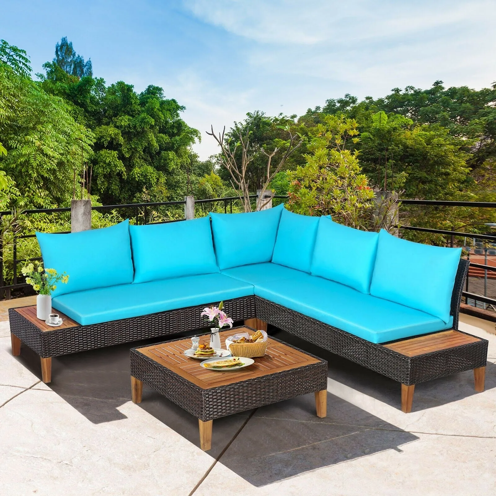 4pc Patio Rattan Cushioned Furniture Set - Turquoise