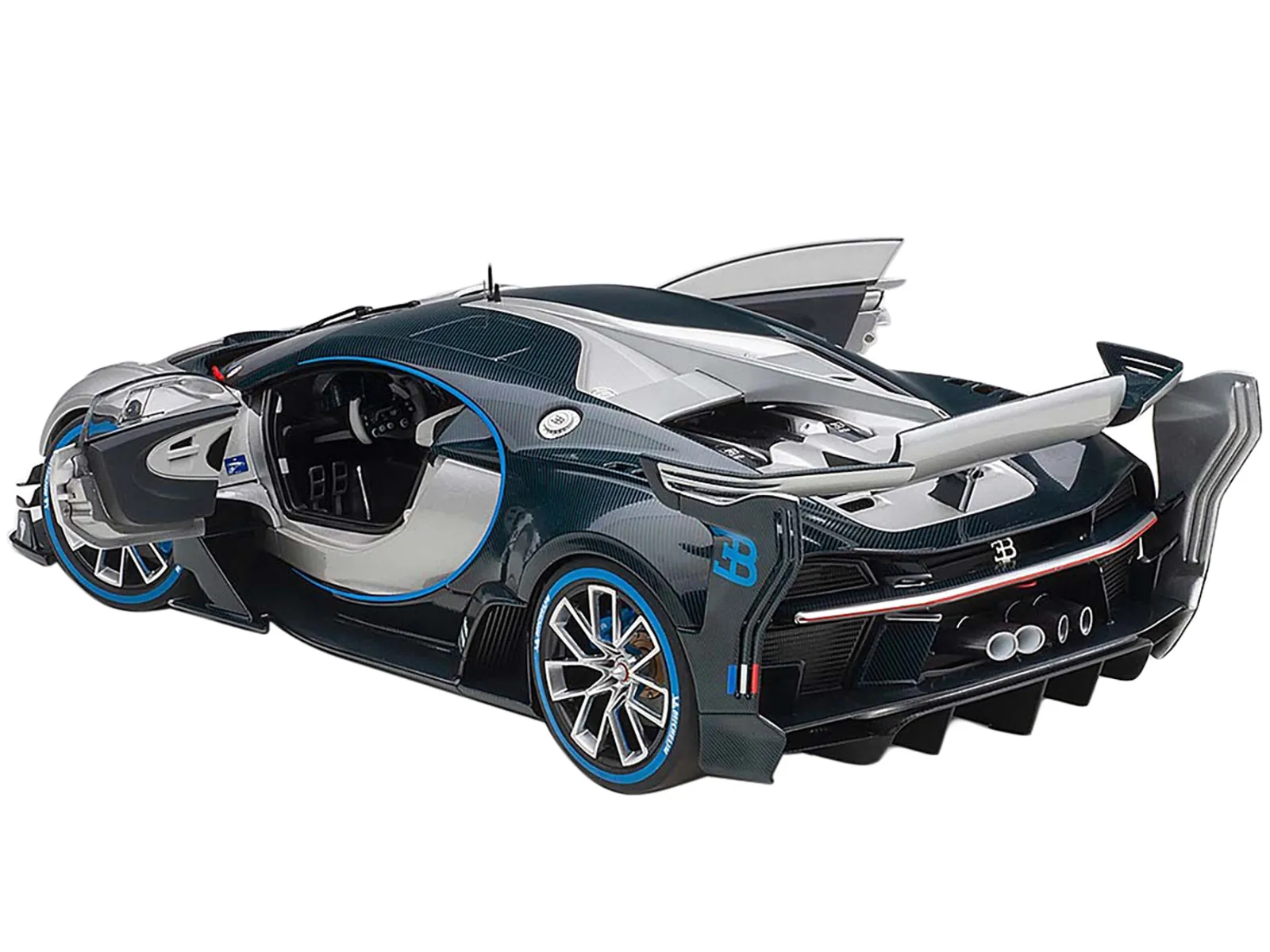 Bugatti Vision Gran Turismo 16 Argent Silver and Blue Carbon Fiber 1/18 Model Car by Autoart
