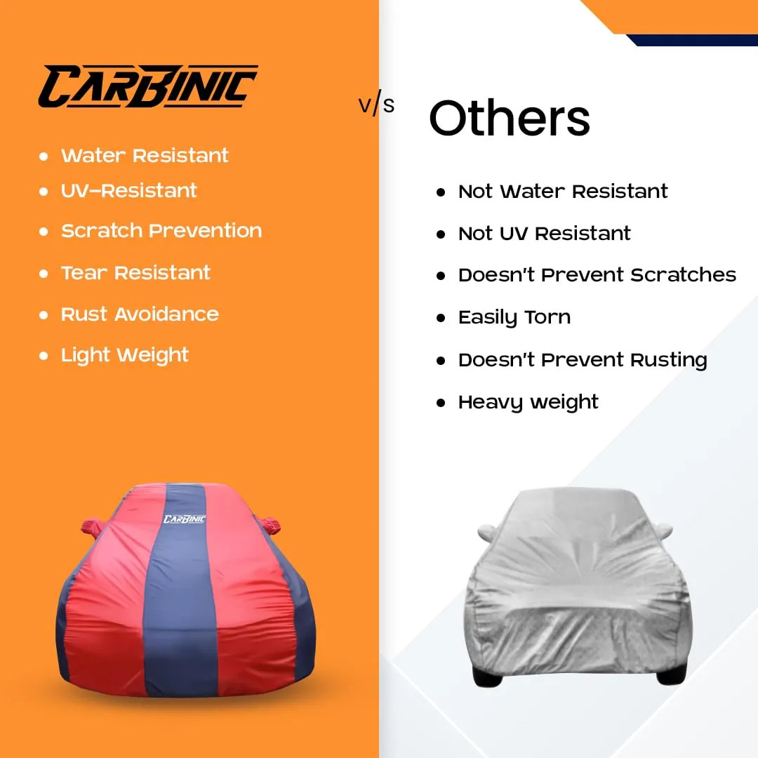 CARBINIC Car Body Cover for Mahindra Thar 2020 | Water Resistant, UV Protection Car Cover | Scratchproof Body Shield | Dustproof All-Weather Cover | Mirror Pocket & Antenna | Car Accessories, Blue Red