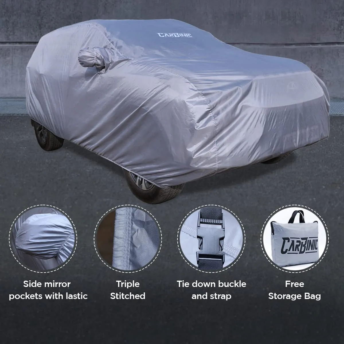 CARBINIC Car Body Cover for Maruti Baleno 2022 | Water Resistant, UV Protection Car Cover | Scratchproof Body Shield | Dustproof All-Weather Cover | Mirror Pocket & Antenna | Car Accessories, Grey
