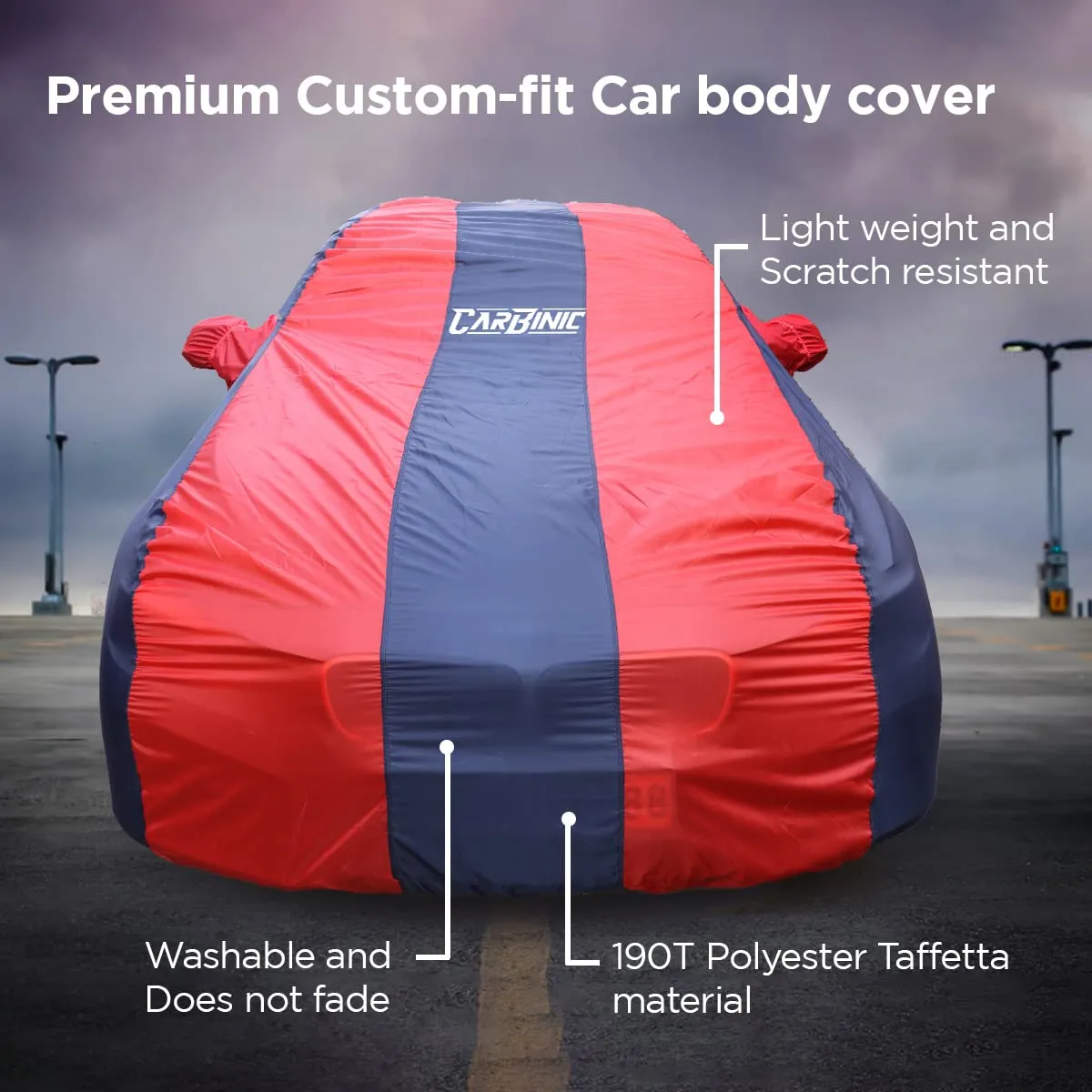 CARBINIC Car Body Cover for Maruti Brezza 2022 | Water Resistant, UV Protection Car Cover | Scratchproof Body Shield | Dustproof All-Weather Cover | Mirror Pocket & Antenna | Car Accessories, Blue Red