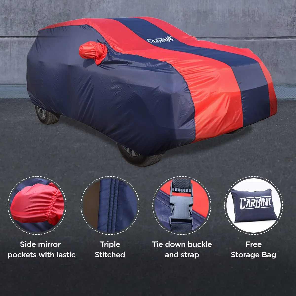 CARBINIC Car Body Cover for Maruti Brezza 2022 | Water Resistant, UV Protection Car Cover | Scratchproof Body Shield | Dustproof All-Weather Cover | Mirror Pocket & Antenna | Car Accessories, Blue Red