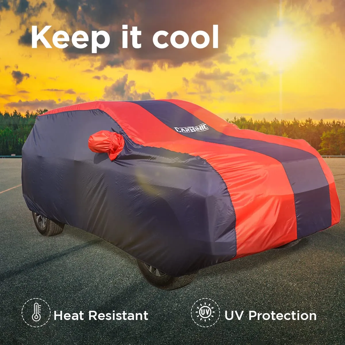 CARBINIC Car Body Cover for Maruti Brezza 2022 | Water Resistant, UV Protection Car Cover | Scratchproof Body Shield | Dustproof All-Weather Cover | Mirror Pocket & Antenna | Car Accessories, Blue Red