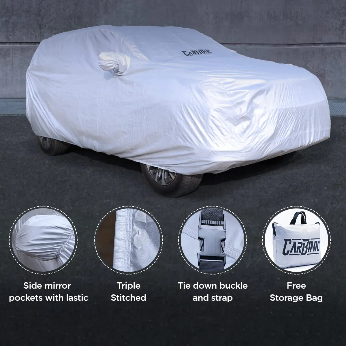 CARBINIC Car Body Cover for Maruti Swift 2018 | Water Resistant, UV Protection Car Cover | Scratchproof Body Shield | Dustproof All-Weather Cover | Mirror Pocket & Antenna | Car Accessories, Silver