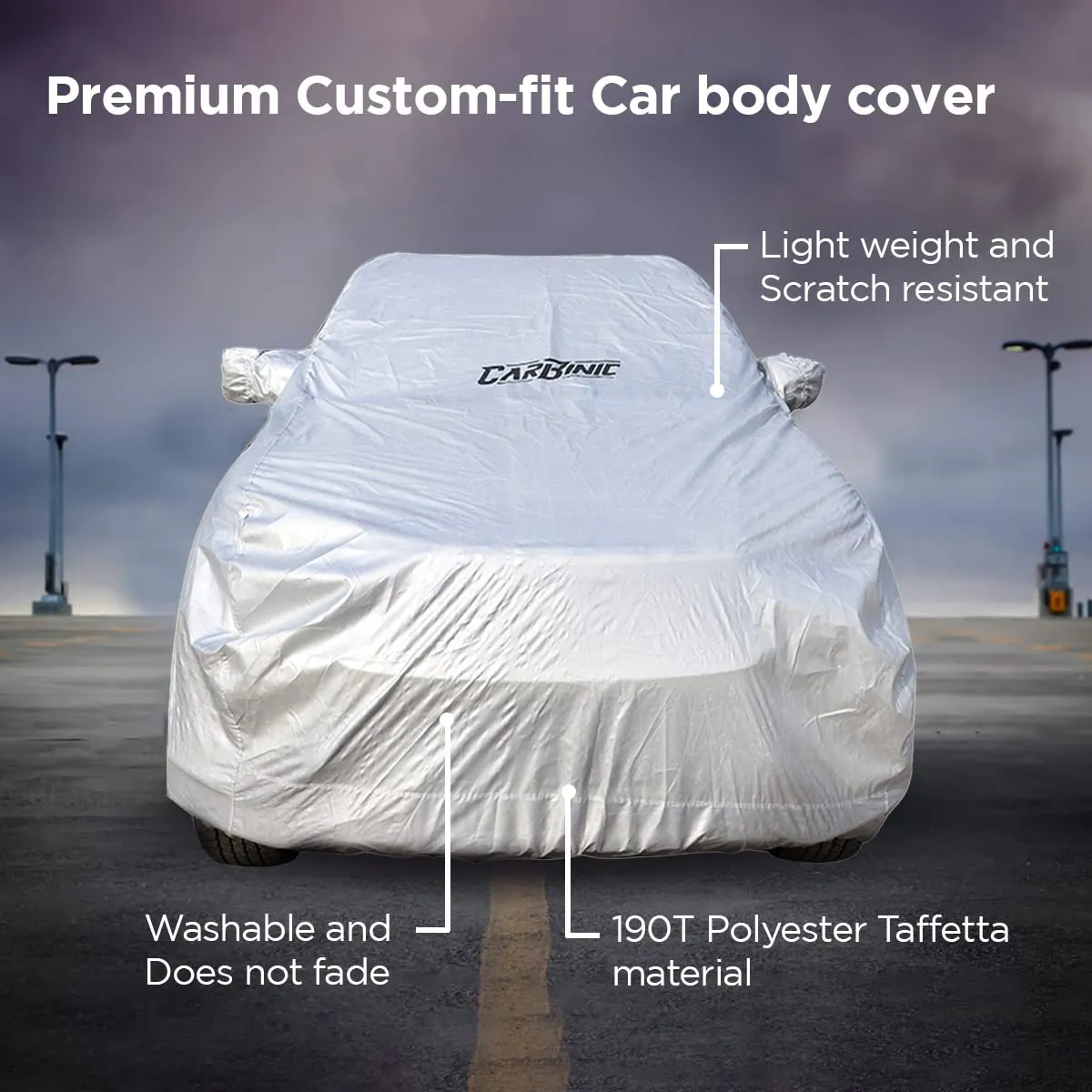 CARBINIC Car Body Cover for Maruti Swift 2018 | Water Resistant, UV Protection Car Cover | Scratchproof Body Shield | Dustproof All-Weather Cover | Mirror Pocket & Antenna | Car Accessories, Silver