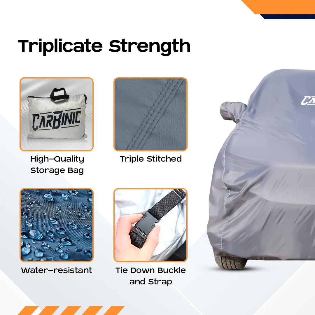 CARBINIC Car Body Cover for Toyota Fortuner 2022 | Water Resistant, UV Protection Car Cover | Scratchproof Body Shield | Dustproof All-Weather Cover | Mirror Pocket & Antenna | Car Accessories, Grey