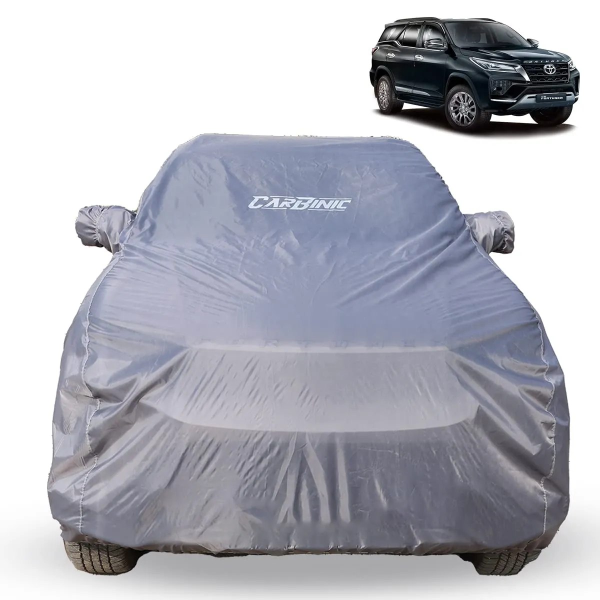 CARBINIC Car Body Cover for Toyota Fortuner 2022 | Water Resistant, UV Protection Car Cover | Scratchproof Body Shield | Dustproof All-Weather Cover | Mirror Pocket & Antenna | Car Accessories, Grey