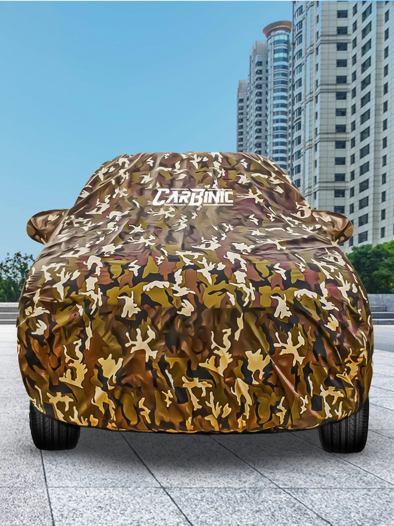 CARBINIC Waterproof Car Body Cover for Hyundai Alcazar (6 Seater) 2021 | Dustproof, UV Proof Car Cover|Car Accessories| Mirror Pockets & Antenna Triple Stitched | Double Layered Cotton Lining, Jungle