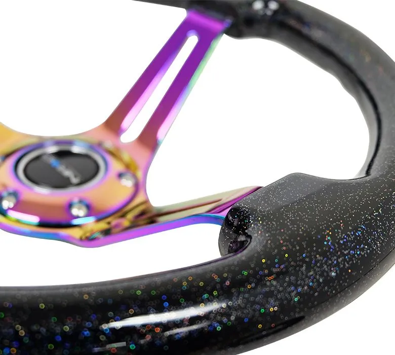 NRG Reinforced Classic Wood Grain Wheel, 350mm, 3 spoke Slotted Center Neochrome with Black multi color flake Wood - RST-018BSB-MC