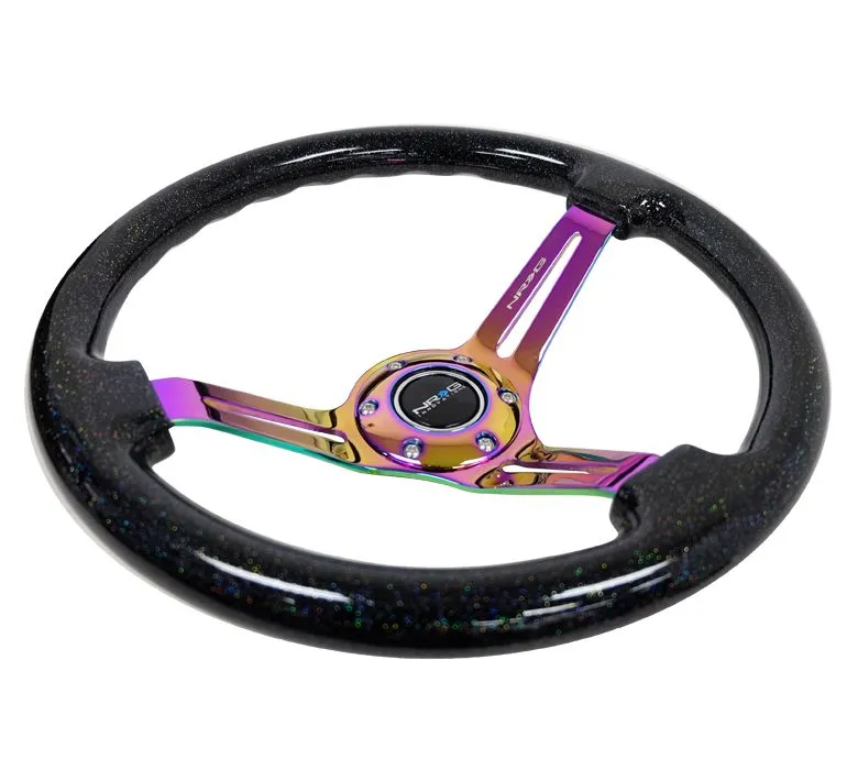 NRG Reinforced Classic Wood Grain Wheel, 350mm, 3 spoke Slotted Center Neochrome with Black multi color flake Wood - RST-018BSB-MC