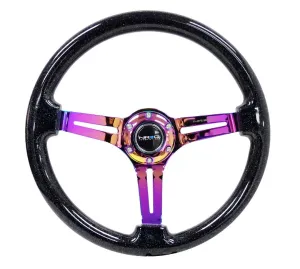 NRG Reinforced Classic Wood Grain Wheel, 350mm, 3 spoke Slotted Center Neochrome with Black multi color flake Wood - RST-018BSB-MC