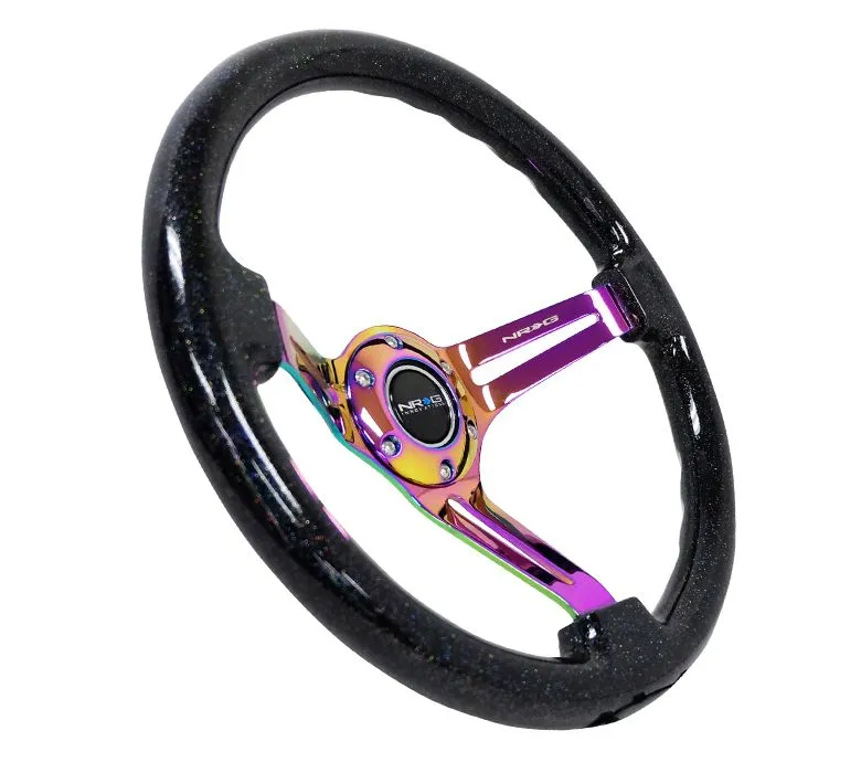 NRG Reinforced Classic Wood Grain Wheel, 350mm, 3 spoke Slotted Center Neochrome with Black multi color flake Wood - RST-018BSB-MC