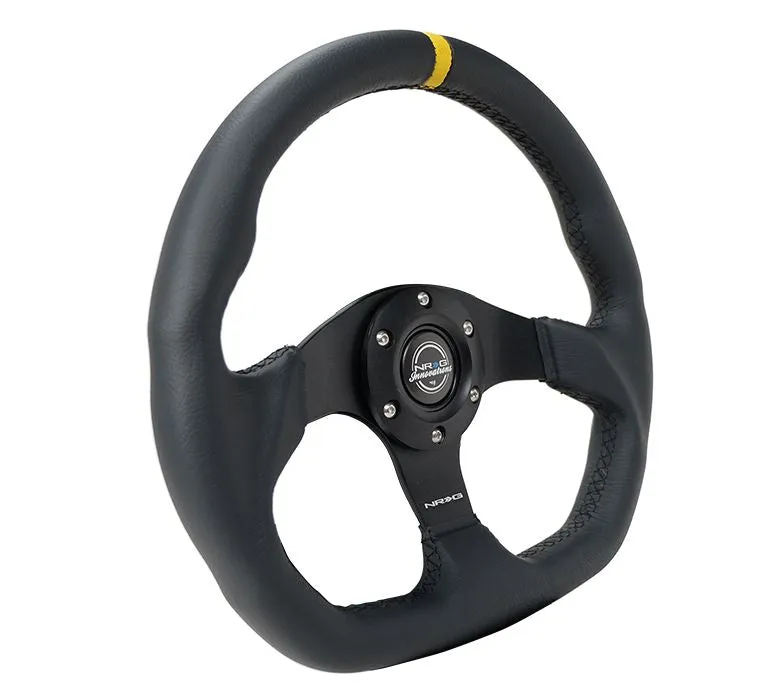 NRG Reinforced Steering Wheel - 320mm Sport Leather flat bottom with yellow center mark - RST-024MB-R-Y