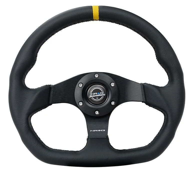 NRG Reinforced Steering Wheel - 320mm Sport Leather flat bottom with yellow center mark - RST-024MB-R-Y