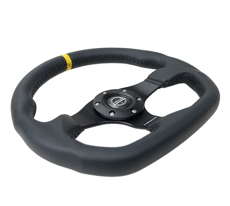 NRG Reinforced Steering Wheel - 320mm Sport Leather flat bottom with yellow center mark - RST-024MB-R-Y