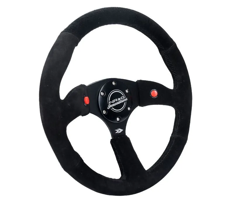 NRG Reinforced Steering Wheel - 350mm Sport Suede Racing ( 2.5" Deep) Comfort Grip, 4mm matte black spoke with Suede finish and dual button - RST-023D-S