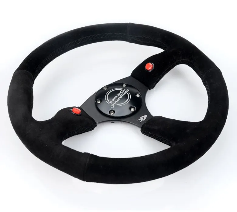 NRG Reinforced Steering Wheel - 350mm Sport Suede Racing ( 2.5" Deep) Comfort Grip, 4mm matte black spoke with Suede finish and dual button - RST-023D-S