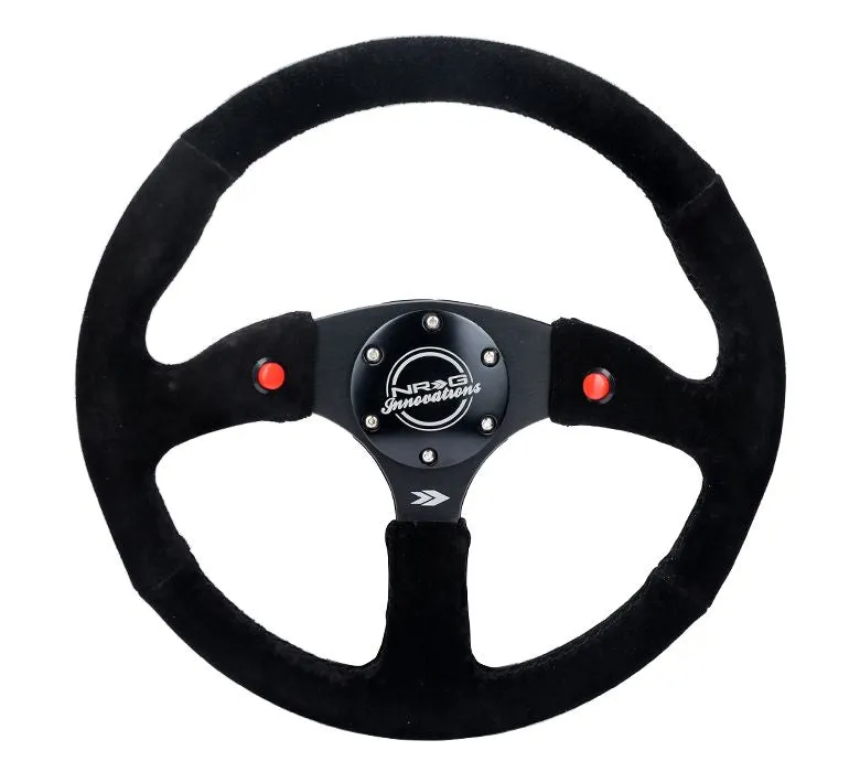NRG Reinforced Steering Wheel - 350mm Sport Suede Racing ( 2.5" Deep) Comfort Grip, 4mm matte black spoke with Suede finish and dual button - RST-023D-S
