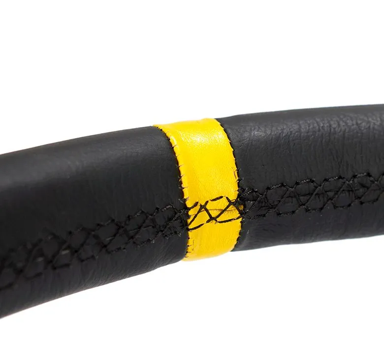 NRG Reinforced Steering Wheel NRG Arrow cut out two spoke 350mm Sport Stereing Wheel Leather (3" Deep) Black Suede, yellow Center Marking, NRG Arrow cut out two spoke - RST-022R-Y