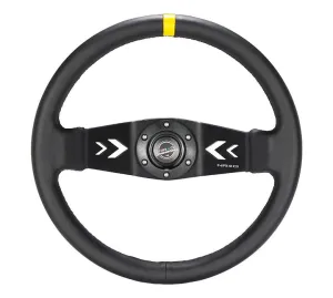 NRG Reinforced Steering Wheel NRG Arrow cut out two spoke 350mm Sport Stereing Wheel Leather (3" Deep) Black Suede, yellow Center Marking, NRG Arrow cut out two spoke - RST-022R-Y