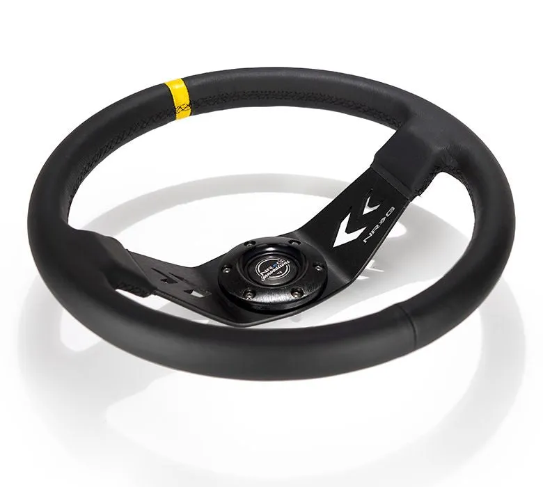 NRG Reinforced Steering Wheel NRG Arrow cut out two spoke 350mm Sport Stereing Wheel Leather (3" Deep) Black Suede, yellow Center Marking, NRG Arrow cut out two spoke - RST-022R-Y