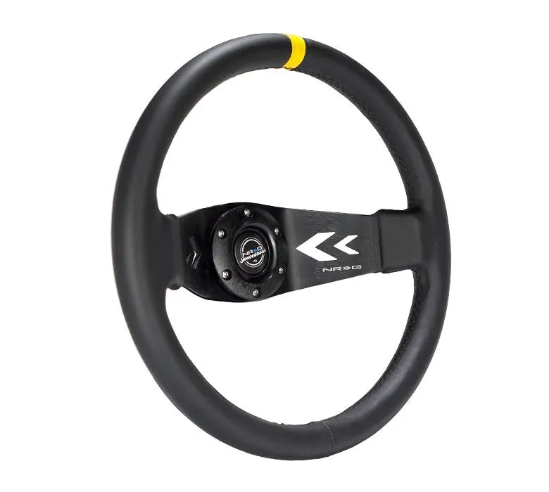 NRG Reinforced Steering Wheel NRG Arrow cut out two spoke 350mm Sport Stereing Wheel Leather (3" Deep) Black Suede, yellow Center Marking, NRG Arrow cut out two spoke - RST-022R-Y