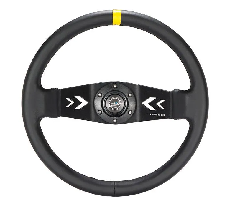 NRG Reinforced Steering Wheel NRG Arrow cut out two spoke 350mm Sport Stereing Wheel Leather (3" Deep) Black Suede, yellow Center Marking, NRG Arrow cut out two spoke - RST-022R-Y