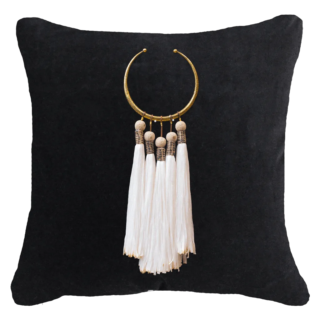 Tassel Amulet on Black Lounge Cushion 55 x 55 cm
