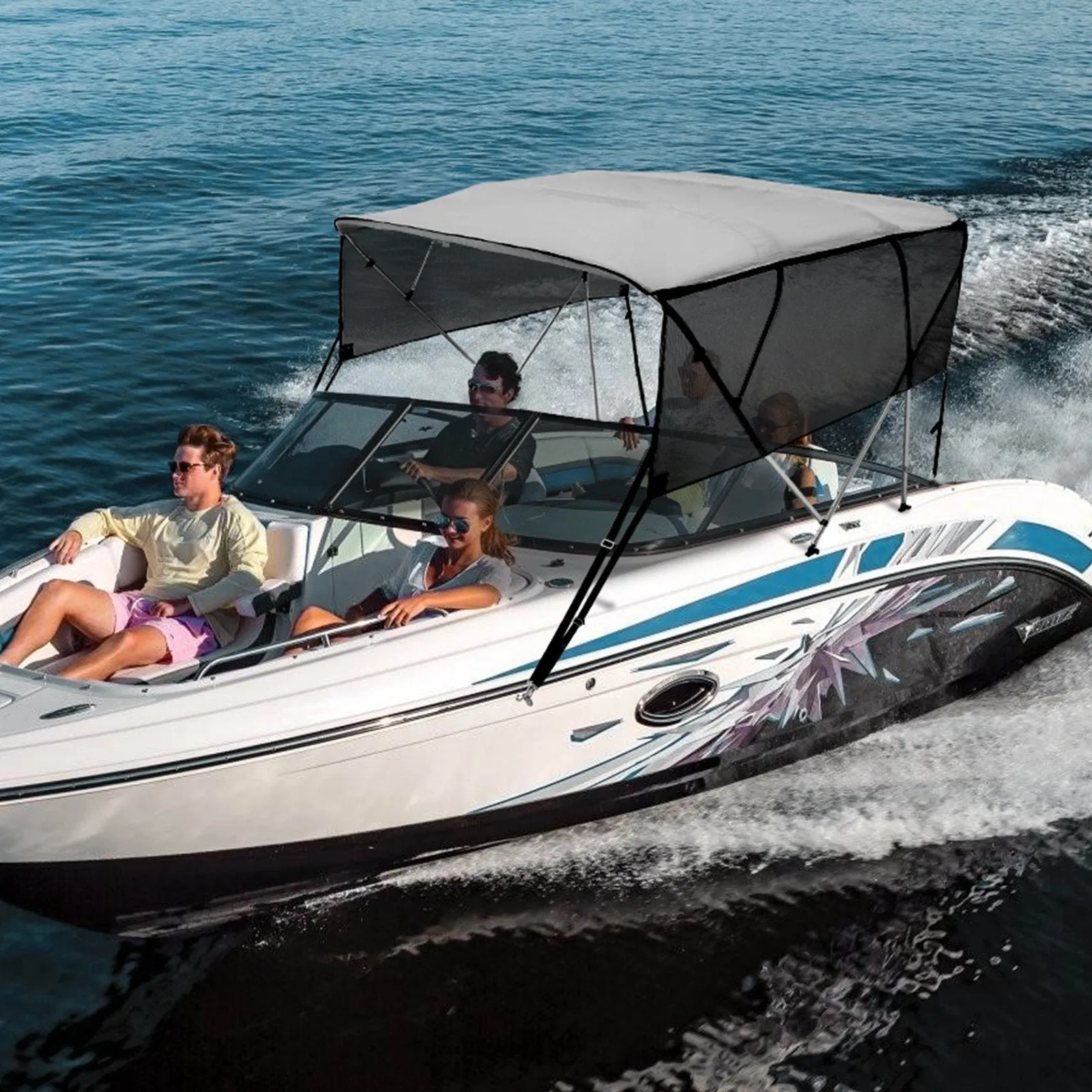 Vevor 4 Bow Bimini Top Boat Cover with Mesh Sidewalls 8'L x 54"H x 91"-96"W 600D Polyester Canopy and Aluminum Frame New