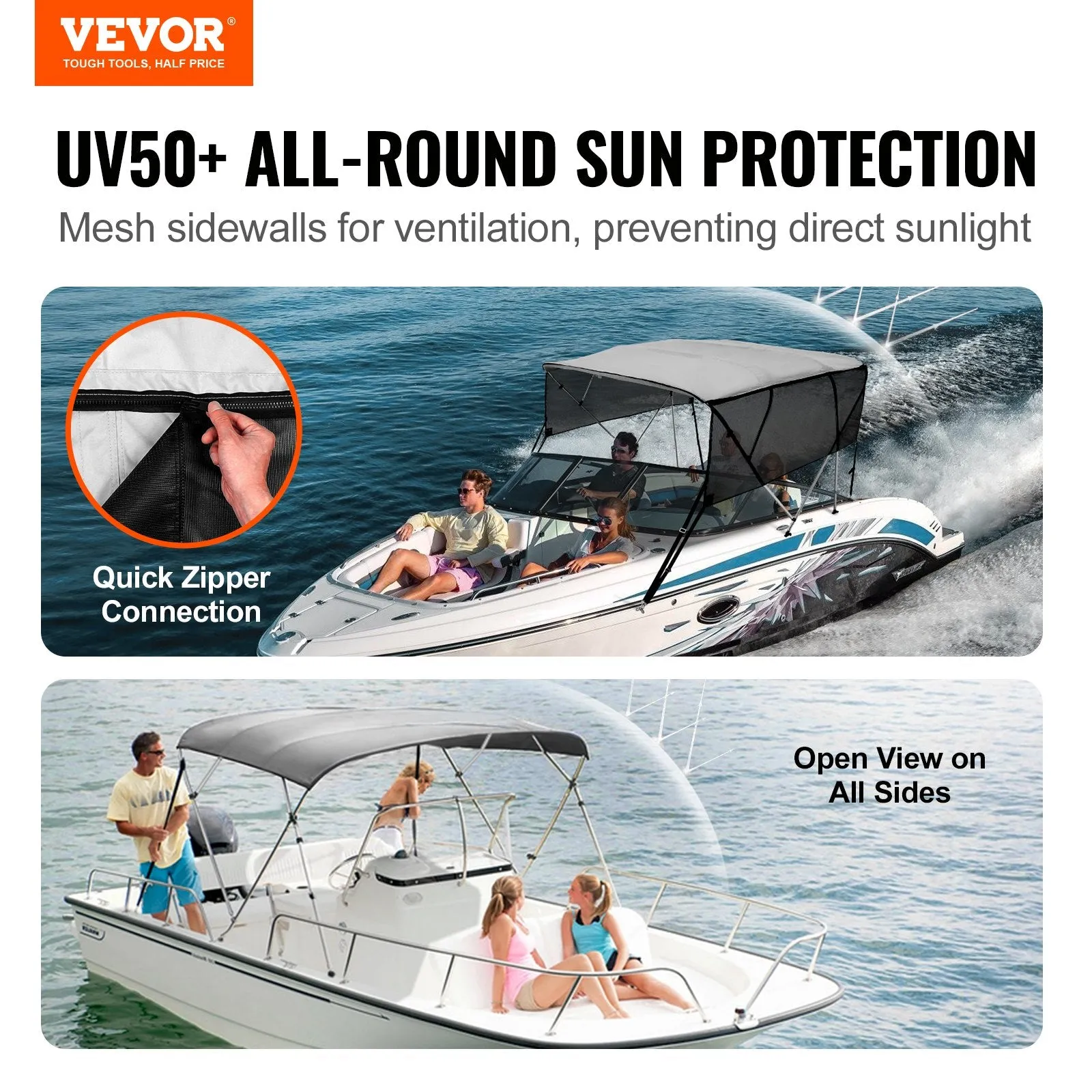 Vevor 4 Bow Bimini Top Boat Cover with Mesh Sidewalls 8'L x 54"H x 91"-96"W 600D Polyester Canopy and Aluminum Frame New