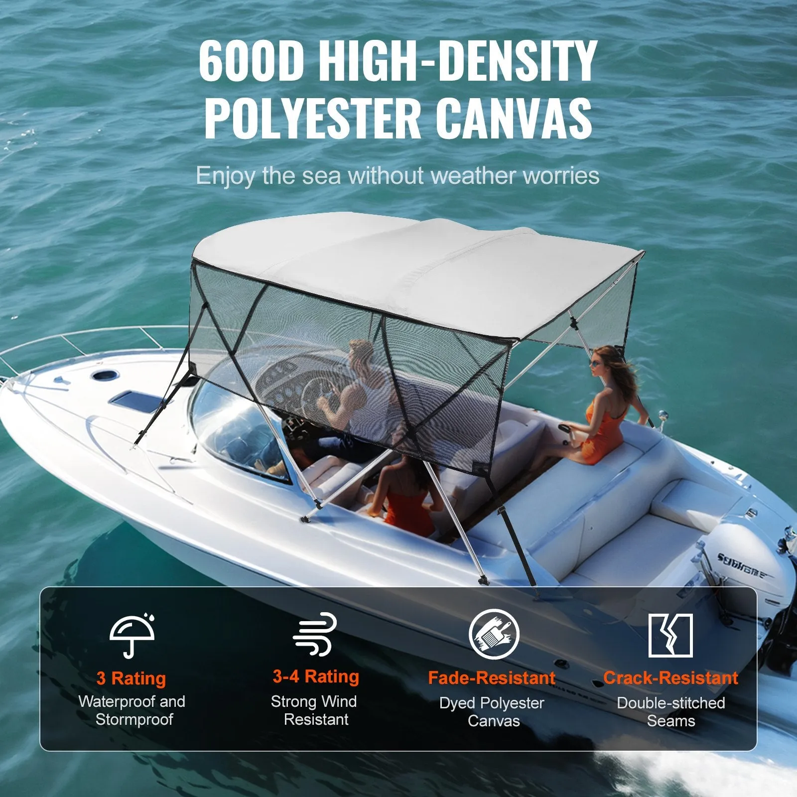 Vevor 4 Bow Bimini Top Boat Cover with Mesh Sidewalls 8'L x 54"H x 91"-96"W 600D Polyester Canopy and Aluminum Frame New