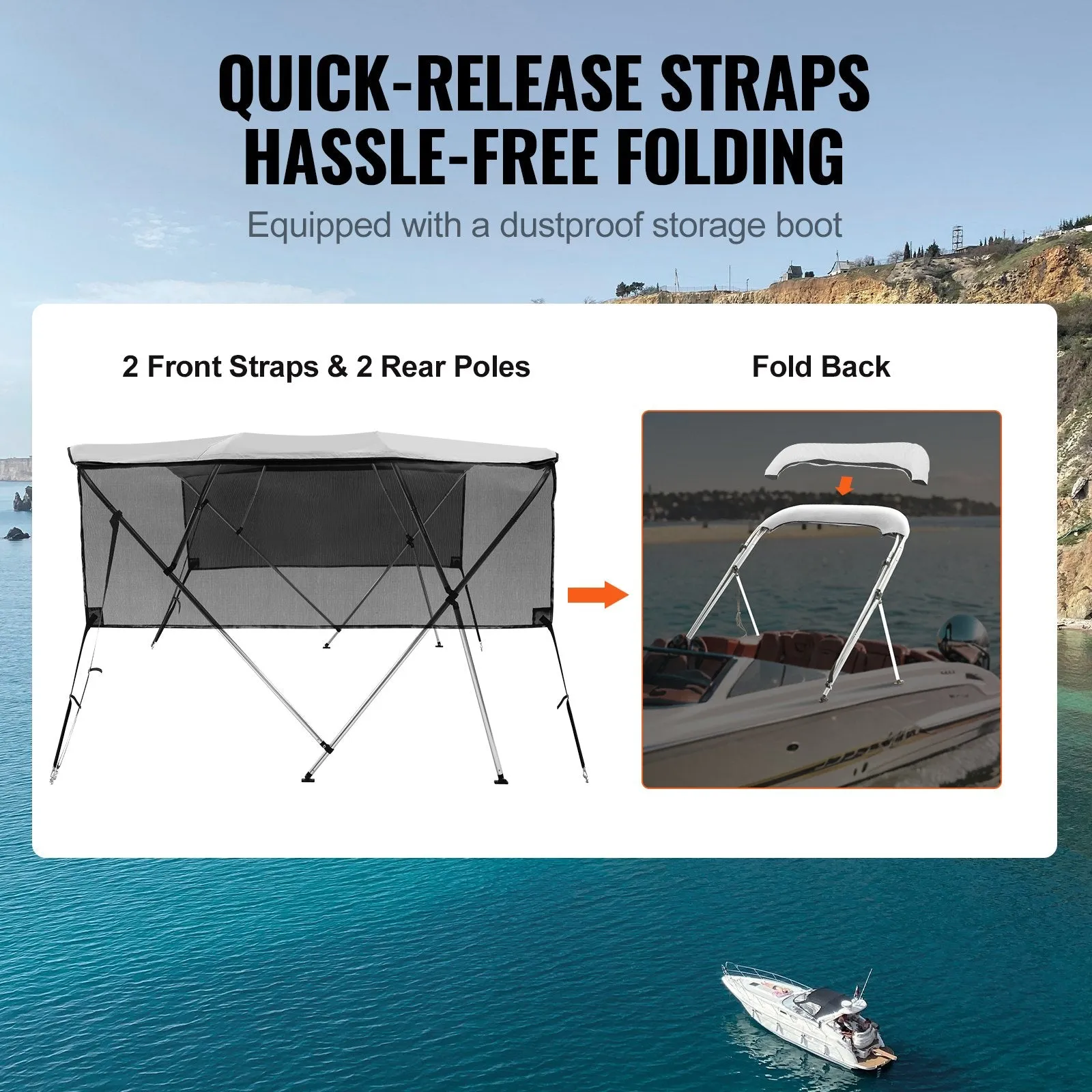 Vevor 4 Bow Bimini Top Boat Cover with Mesh Sidewalls 8'L x 54"H x 91"-96"W 600D Polyester Canopy and Aluminum Frame New
