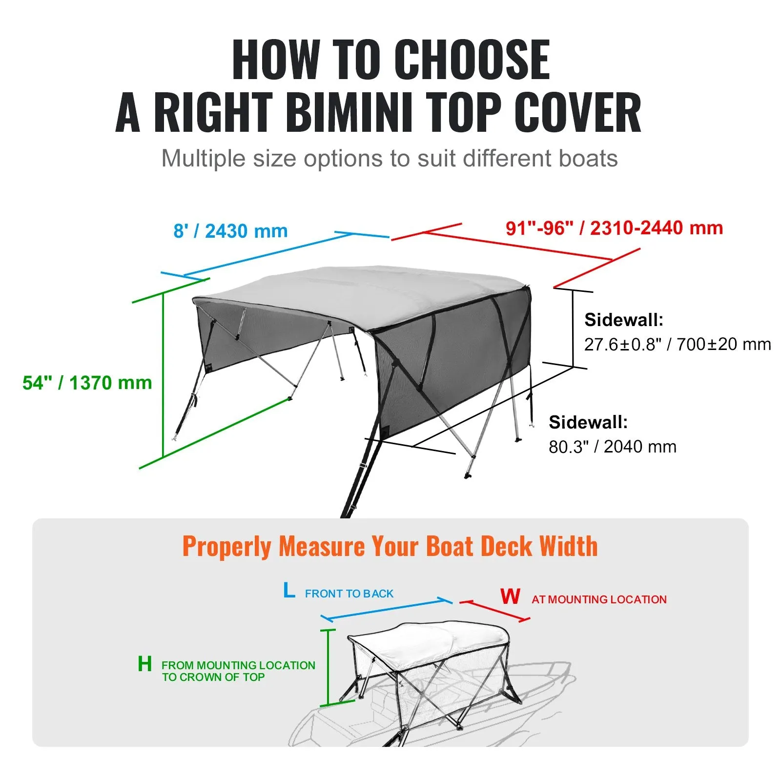 Vevor 4 Bow Bimini Top Boat Cover with Mesh Sidewalls 8'L x 54"H x 91"-96"W 600D Polyester Canopy and Aluminum Frame New