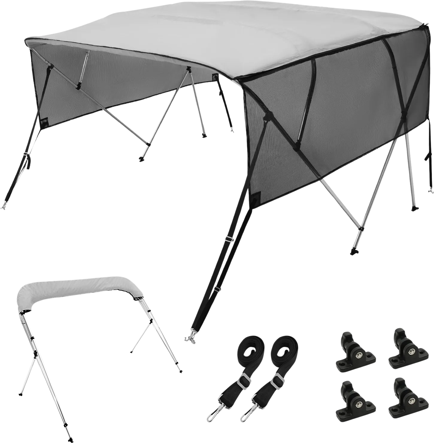 Vevor 4 Bow Bimini Top Boat Cover with Mesh Sidewalls 8'L x 54"H x 91"-96"W 600D Polyester Canopy and Aluminum Frame New