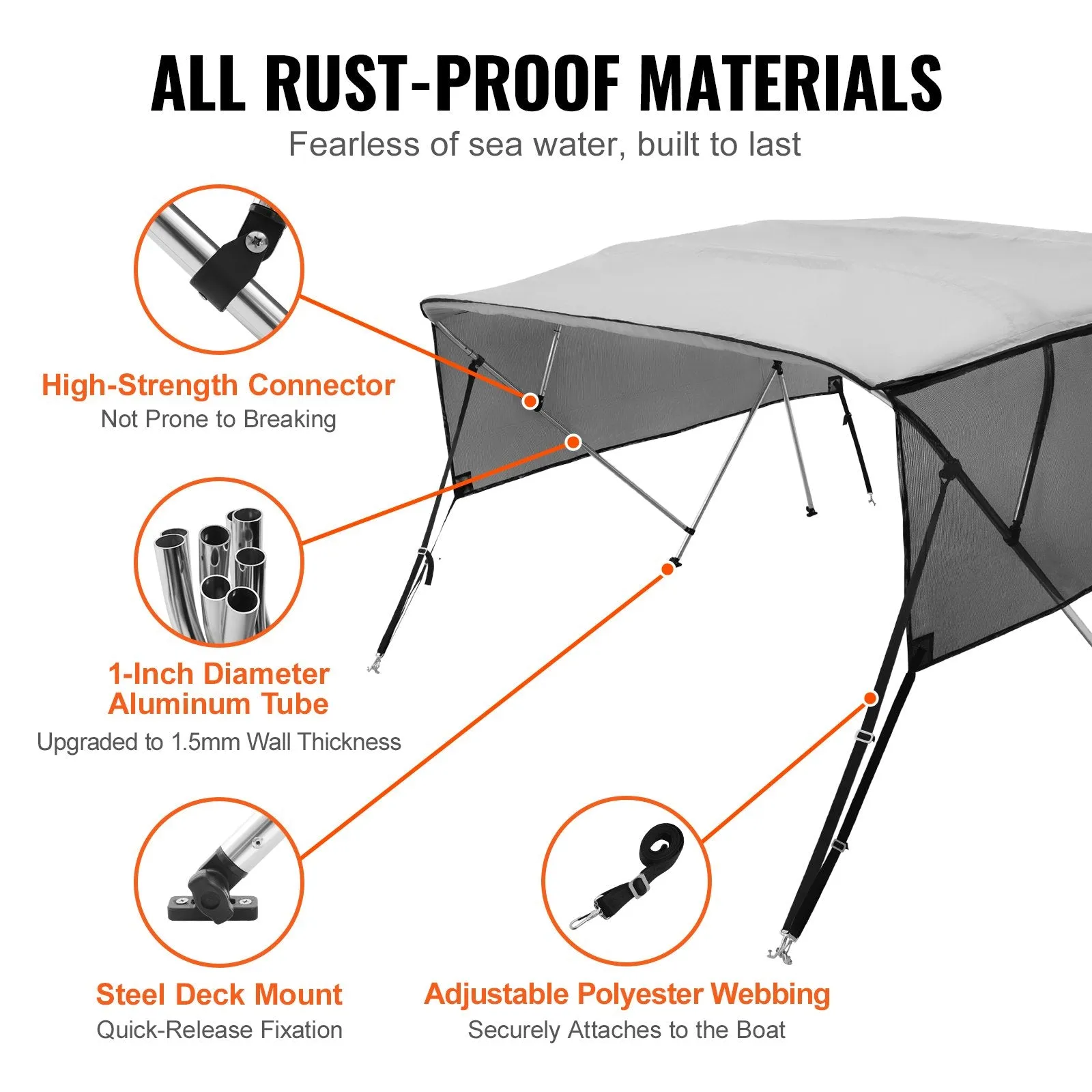 Vevor 4 Bow Bimini Top Boat Cover with Mesh Sidewalls 8'L x 54"H x 91"-96"W 600D Polyester Canopy and Aluminum Frame New